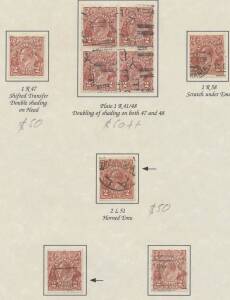 KGV Issues - TWO PENCE: Attractively presented collection with 2d brown SMult Wmk Perf 14 used x8, Perf 13½x12½ mint & used blocks of 4, punctured 'OS' x4 (one mint) and six listed varieties (one in a block of 4), 2d red range of plated examples including