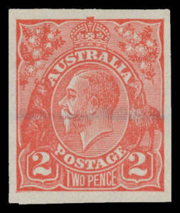 KGV Issues - TWO PENCE: Two Pence Reds annotated selection on pages with SMult Wmk Perf 13½x12½ including imperforate plate proof single (Cat $2000 for a pair), punctured 'OS' & Plate 2 imprint block of 4, 'TWO/PENCE' on 1½d Plate Dot blocks of 4, 'OS' Ov