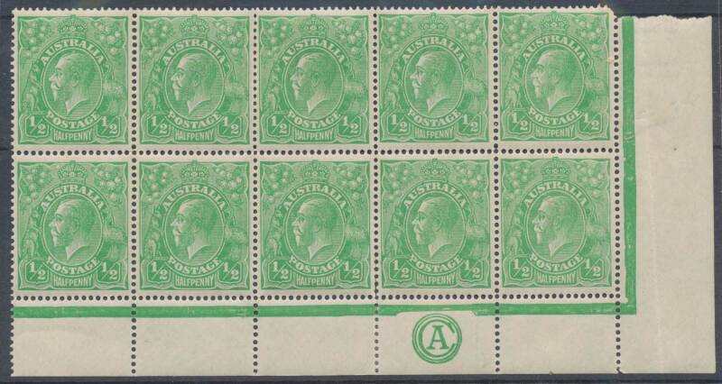 KGV Single WMK - ½d bright green Electro 1 lower-right corner block of 10 (5x2) with 'CA' Monogram, exceptional centring, the upper-right unit with a rounded corner, folded along the perfs & a few split/rejoined perfs in the lower margin otherwise unmount