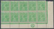 KGV Single WMK - ½d bright green Electro 1 lower-right corner block of 10 (5x2) with 'CA' Monogram, exceptional centring, the upper-right unit with a rounded corner, folded along the perfs & a few split/rejoined perfs in the lower margin otherwise unmount