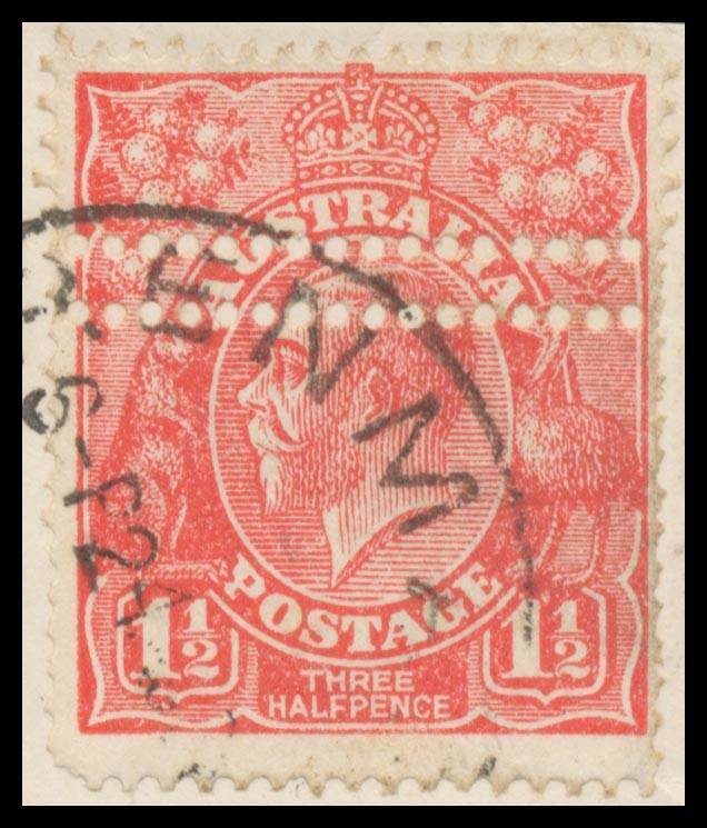KGV Single WMK - 1½d scarlet with startling Triple Perforations, tied to commercial cover by 'RENMARK/SA' cds. Unlisted in the ACSC; standard Double Perfs #89b Cat $75 used. We expect our estimate will prove to be very conservative.
