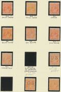 KGV Single WMK - 2d orange annotated selection of shades including unmounted x6, Watermark Inverted punctured 'OS', Dry Ink punctured 'OS', listed varieties including Retouched 'GE' of 'POSTAGE' BW #95(6)h (**), Thin 'TWO PENCE' #95(8)f, etc, and Cracked - 3