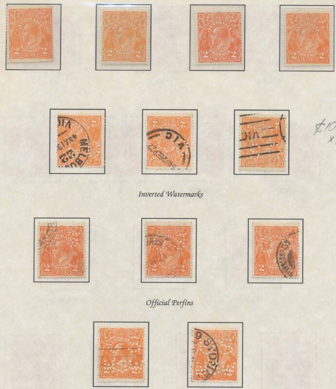 KGV Single WMK - 2d orange neatly presented collection including with the Watermark Inverted punctured 'OS' x3, two pages of commercial perfins, then an array of plated examples with many listed varieties including BW #95(2)g, #95(6)h, #95(7)g & #95(8)f,