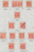 KGV Single WMK - 2d scarlet neatly presented collection including with the Watermark Inverted punctured 'OS' x3, some commercial perfins, then an array of plated examples with many listed varieties including BW #96(10)d x4, #96(11)g x3, Roman Nose #96(11) - 8