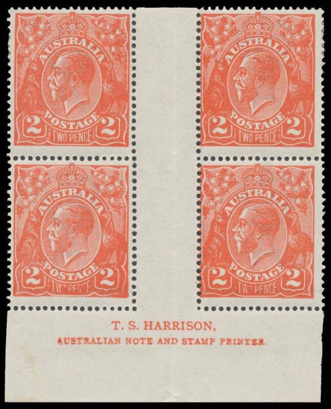 KGV Single WMK - 2d scarlet Harrison Imprint block of 4 BW #96(8)z, the lower units are unmounted, Cat $2000.