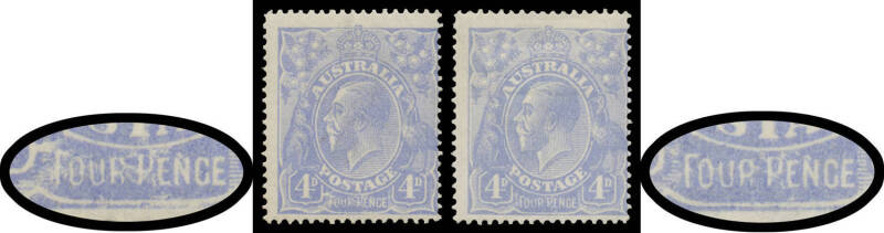 KGV Single WMK - Cooke Plates 4d ultramarine Deteriorated 'FOUR PENCE' BW #112(2)ea & Final State ('FOUP PENCE') #112(2)eb, so similarly centred they could be from the same sheet!, a little aged, the latter with hinge remains, Cat $1750.