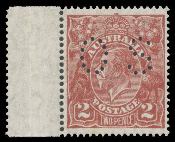 KGV - Small Multi Wmk Perf.14 - PUNCTURED 'OS': 2d brown BW #98ba marginal example from the left of the right-hand pane, exceptional centring, unmounted, Cat $650.