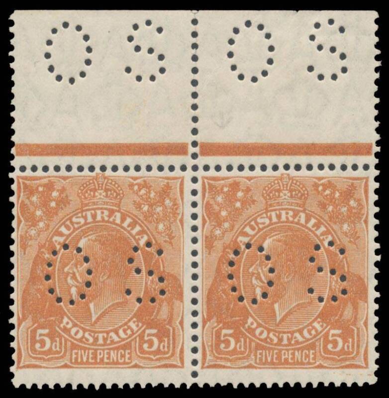 KGV - Small Multi Wmk Perf.13½ X 12½ - PUNCTURED 'OS': 5d yellow-brown BW #126b marginal pair from the top of the sheet, unmounted, Cat $650+.