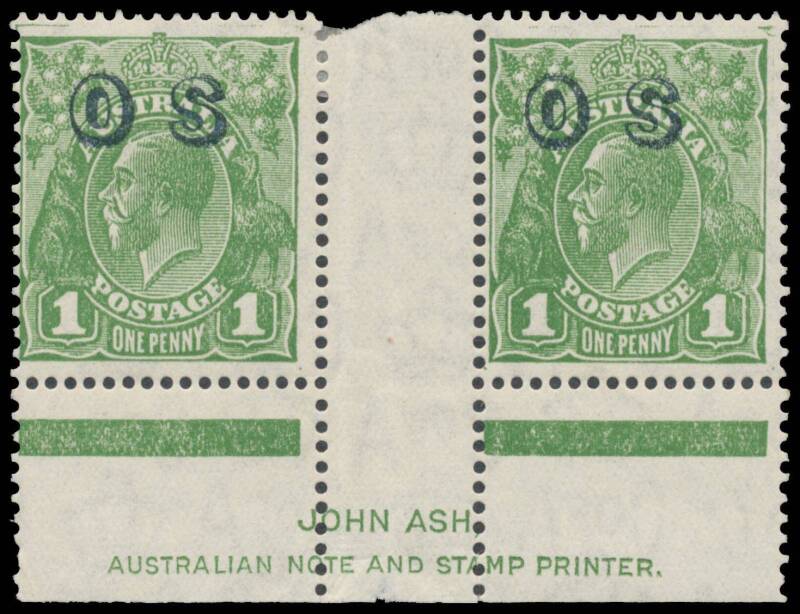 KGV - CofA Watermark - OVERPRINTED 'OS': 1d green with the Watermark Reversed BW #82(OS)aa John Ash Imprint pair, slightly aged gum & the first unit with a small repaired tear at U/R, the right-hand unit is unmounted, Cat $9000 as two hinged singles - unp