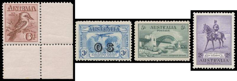 Other Pre-Decimals - 1914-36 Issues with Engraved Kookaburra x2 (one a corner example, minor bend), 1927-36 Commemoratives etc complete including the 'OS' Punctures - plus WA Swan Imprint Block of 4 - & Overprints (the Kingsford Smith duo with Chris Cerem