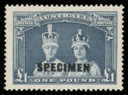 Other Pre-Decimals - 1938-49 Robes Thick Paper 10/- & Â£1 deep dull blue with 'SPECIMEN' Overprint BW #214x & 216x, unmounted, Cat $1550. Chris Ceremuga Certificate (2005) for the Pound states "...McCracken Printing with black overprint". [The first print