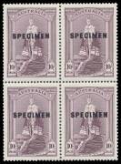 Other Pre-Decimals - 1938-49 Robes Thick Paper 10/- dull purple with 'SPECIMEN' Overprint BW #214Ax block of 4, well centred, unmounted, Cat $1000. A desirable multiple.