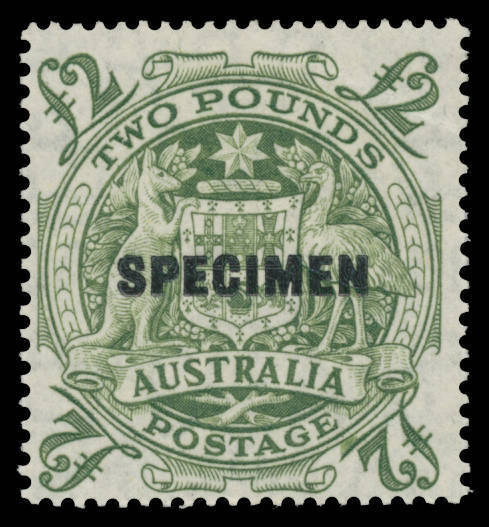 Other Pre-Decimals - 1948-56 Arms Â£2 green with Roller Flaw below 'E' of 'POSTAGE' BW #271d additonally with 'SPECIMEN' Overprint, unmounted, Cat $1500: see footnote in the ACSC. Very scarce.