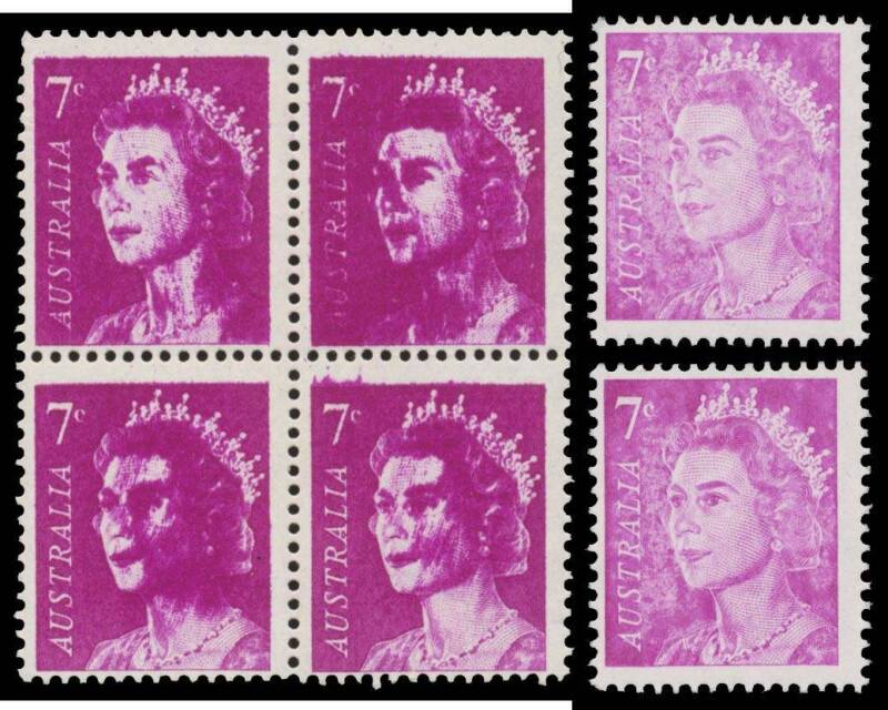 Decimal Issues - 1966-71 QEII 7c purple extensive highly specialised & fully annotated collection including Heavily Over-Inked block of 4, Extreme Dry Ink x2, Jumped Perfs pair, Double Perfs pair, Plate Number blocks, UV reactions, Plate Fractures includ