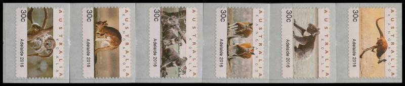 Decimal Issues - 2016 Adelaide Emergency Printing 30c Type A ('2016' printed 6mm from edge of stamp) set of the six different 1994 Koala & Kangaroo self-adehsives SG 4492-7, unmounted, Renniks Cat $4500 (not yet priced by Gibbons). By far the scarcest of