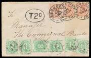 Postage Dues - 1902 Blank Tablet ('NSW' Removed) 4d & 8d x4 including a vertical pair BW #D8 & 10 plus Filled Tablet 5d #D29 tied to 1904 underpaidTatts cover from Victoria by 'HOBART/OC13/--/TASMANIA' cds (no year slug), characteristic closed spikehole w
