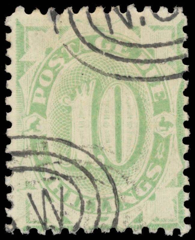 Postage Dues - 1902-04 Filled Tablet 10/- dull green BW #D44 (SG D43), CTO most unusually with two strikes of the 'NSW'-in-concentric-ovals cancel, Cat $3000 (£1800). A very attractive example of this rare stamp.