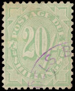 Postage Dues - 1908-09 Shilling Values with Stroke 20/- dull green BW #D75 (SG D62), exceptional centring, a little aged still but a very attractive example of this howlingly rare stamp, very fine part-strike of the distinctive '[PAR]CELS B[RANCH/GPO SYDN