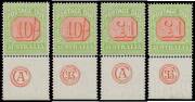 Postage Dues - 1913-21 Victorian Design on Thin Paper 10/- & £1 complete set of 'JBC' and 'CA' Monogram singles BW #D103z & zb and #D104z & zb, unusually well centred, remarkably fresh with full unmounted o.g., Cat $30,000 mounted; unpriced unmounted. Pri