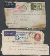 Commonwealth Postal History - Pre-decimal commercial airmail covers including 1919 Harry Butler PPC (surface fault), 1931 Brisbane-Sydney registered with KSmith 3d x6 + KGV 1d, 1931 Melbourne-GB with KSmith 6d x3 + KGV 5d, 1931 Sydney-GB registered with K - 2