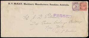 Commonwealth Postal History - 1915 cover (265x113mm) with 'HV McKAY Machinery Manufacturer, Sunshine, Australia' imprint at the top, to New York with rare franking of Second Watermark 9d violet (Cat $2000 on cover) + KGV 1d red Die II (tiny faults) tied b