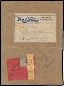 Commonwealth Postal History - 1915 complete black/red 'VICTORIA/INTERSTATE/PARCEL POST' label Form PP8 franked Kangaroos First Wmk 2d & 4d strip of 3 (a bit knocked about) tied by 'COLLINGWOOD/JA15/15/VICTORIA' unframed cds on large-part parcel piece (207