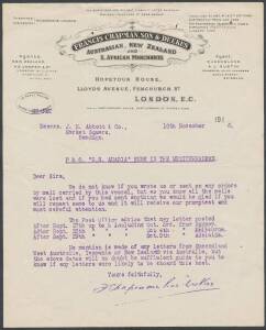 Commonwealth Postal History - 1916 Francis Chapman Son & Deekers (UK) letter to JH Abbott & Co (Bendigo) headed "P&O SS ARABIA SUNK IN THE MEDITERRANEAN" requesting any orders carried by this ship be repeated and giving dates of the affected mails. [Brian