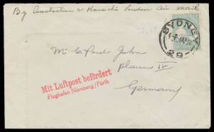 Commonwealth Postal History - 1930 (Apr 4) cover to Germany endorsed "By Australian & Karachi London Air Mail" with scarce solo franking of Small Multiple Wmk 1/- Kangaroo tied by Sydney cds, German 'Mit Luftpost befÃƒÆ’¶rdert/Flughafen NÃƒÆ’¼rnberg/FÃƒÆ’