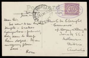 Commonwealth Postal History - 1930 Penang PPC with message headed "Soerabaja, Java, 22.4.30" to Melbourne with Netherlands Indies 10c tied by very fine strike of the undated oval 'KONINKLIJKE PAKETVAART/SS/NIEUW ZEELAND/ MAATSCHAPPIJ' cancel in violet & '