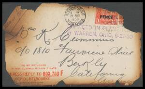 Commonwealth Postal History - 1930 badly-burnt cover front salvaged from National Air Transport Chicago-New York service with 'DAMAGED IN PLANE FIRE/AT WARREN,OHIO,9-21-30' cachet in violet. Shortly after leaving Cleveland the plane suffered engine failur