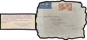 Commonwealth Postal History - 1936 badly damaged airmail cover front to Sydney with GB 2/6d Re-Engraved Seahorse with 'UM' perfin (= Unilever Margarine ?) tied by London machine cancel, with the British roneo'd notice - "...washed ashore on the coast of E