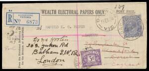 Commonwealth Postal History - 1938 Electoral Papers form Dandenong-Darnum Post Free but registered with KGV 3d for that fee, forwarded to GB where taxed & again redirected, 3d Postage Due tied by London SW12 d/s, minor blemishes. Unusual.