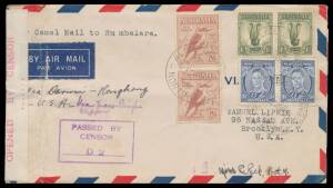 Commonwealth Postal History - 1940 cover from Hermannsberg Aboriginal Mission Station, Central Australia sent airmail to USA endorsed "By Camel Mail to Rumbalara" and "via Darwin-Hong Kong-USA via Trans-Pacific Clipper" with 1/- Lyre x2, 6d Kooka x2 and K