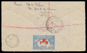 Commonwealth Postal History - 1945 usage of Australian Red Cross Society envelope with 'DUCHESS OF GLOUCESTER/RED CROSS APPEAL/...' 1d indicium printed on the reverse, by air to GB at 1/6d rate + 3d registration, opened-out for display. Only the second ex