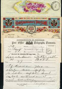 Commonwealth Postal History - TELEGRAM FORMS: 1880s to 1960s accumulation noted Victoria with 'TELEGRAPH OFFICE/JA12/1883/ SANDHURST' cds (second recorded strike; ERD) plus a couple more similar, c.1904 group of Tasmanian CofA forms, a couple of 1930s ill