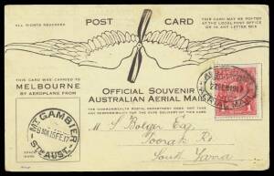 1917 (Feb 15) Mount Gambier-Melbourne AAMC #10 Basil Watson PPC with Shell Benzine advert to South Yarra with fine 'MT GAMBIER/STH AUST' cds and KGV 1d red tied by 'AUSTRALIAN/ MELBOURNE/27FEB1917/VIC/AERIAL MAIL' arrival d/s, minor blemishes, Cat $600. M