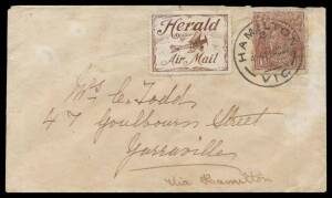 1920 (Aug 10) Melbourne-Hamilton AAMC #48 cover with KGV 1½d brown tied 'HAMILTON/2/11AU20/VIC' arrival cds, brown 'Herald/Air Mail' label (Frommer #3a) affixed alongside, a few faults, Cat $1800. [The AAMC states approx 700 items flown but that "...only