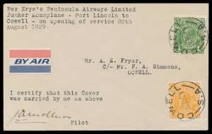 1929 (Aug 20) Streaky Bay-Adelaide AAMC #144 intermediate endorsed "Port Lincoln to Cowell" carried by Eyre Peninsula Airways Ltd service return leg with KGV 1d green and ½d orange tied 'COWELL/20AU29/SA' d/s on arrival, signed pilot "JA Mollison" on face