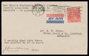 1929 (Aug 20) Streaky Bay-Adelaide AAMC #144a intermediate endorsed "Elliston to Adelaide" carried by Eyre Peninsula Airways Ltd service return leg with KGV 1½d red cancelled on arrival, signed pilot "JA Mollison" on face, Cat $600. Only 3 carried on this