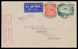 1933 (July 2) Sydney-Brisbane AAMC #315a intermediate cover carried on Australia-England survey flight per Imperial Airways "Astraea" with KGV 2d & 3d Airmail tied Sydney d/s but bold 'AIR SERVICE/NOT AVAILABLE' boxed cachet in rosine on face, signed pilo