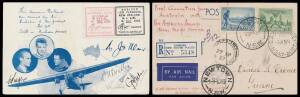 1933 Souvenir Postcards flown to New Zealand by 'Faith in Australia' #348 all signed CP Ulm one dedicated on back by EA Crome in 1971 and the others all subsequently flown again, one by 'Faith in Australia' 1934 Aust-NZ-Aust official airmail #371a signed 