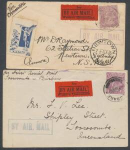 QUEENSLAND: 1930s accumulation with wide variety of vignettes & a few signed including 1934 NZ boomerang flight with 'Australia's Winter Playground' label & another unfranked with Postage Dues, 1937 Airlines of Australia Stinson airliner postcard with Air