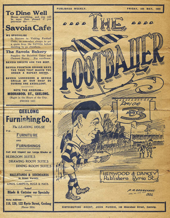 1922 "The Footballer" (Under the Official Patronage of the Geelong Cricket and Football Club, and the Geelong Association Football Club), Vol.1 No.2 Friday May 5th 1922. Includes results, news and other information on football in the VFL(with a focus on G