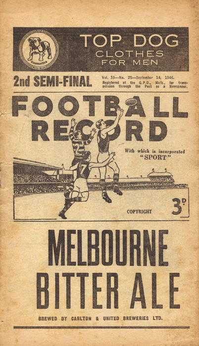 1946 "Football Record", Sept.14, 2nd Semi Final, Essendon v Collingwood (resulted in a draw, and was replayed a week later). Fair/Good condition.