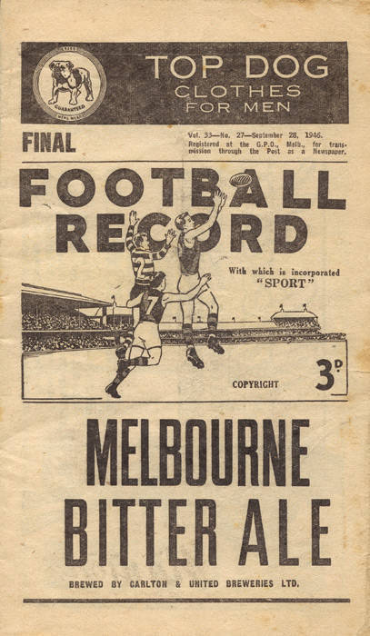 1946 "Football Record", Sept.28, Preliminary Final, Melbourne v Collingwood. Fair/Good condition.