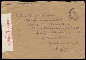 World War II - 1942 envelope (194x134mm) from Tumby Bay (SA) - stamp removed (by the censor?) - to an Australian POW in Germany with Melbourne censor label tied by the scarce diamond ' 3 /RETURN/TO/SENDER/("MM")' h/s in red; with the enclosed similarly ad