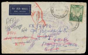 World War II - 1946 cover from Norfolk Island to an NCO at Morotai with 'AUST ARMY PO/197' arrival b/s plus 'UNIT DISBANDED' h/s (not seen by us before), boxed 'NO TRACE/AUST BASE PO/RECORDS' & 'RETURN TO SENDER' h/s. A remarkable origin/destination item.