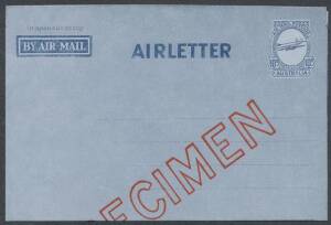 Postal Stationery - AEROGRAMMES: accumulation in shoebox noted better including 'SPECIMEN' overprint in red on 1952 10d Plane, serifed handstamp in violet on 1962 10d Empire Games and san-serif on OHMS 'Postage Paid' x3 and on OHMS Plane x2, bundles of 19