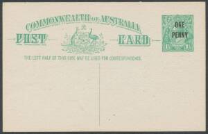 Postal Stationery - POSTAL CARDS: 1923 'ONE/PENNY' Overprint on 1½d green with No Admonition at the base BW #P59, unused, Cat $750.