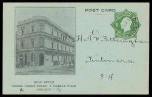 Postal Stationery - POSTAL CARDS - STO: 1924 Star 1d green BW #PS22 for Bennett & Fisher (Adelaide) on greenish blue stock with a photograph of the firm's building on the face, 'ROSEWATER' cds, Cat $200+.